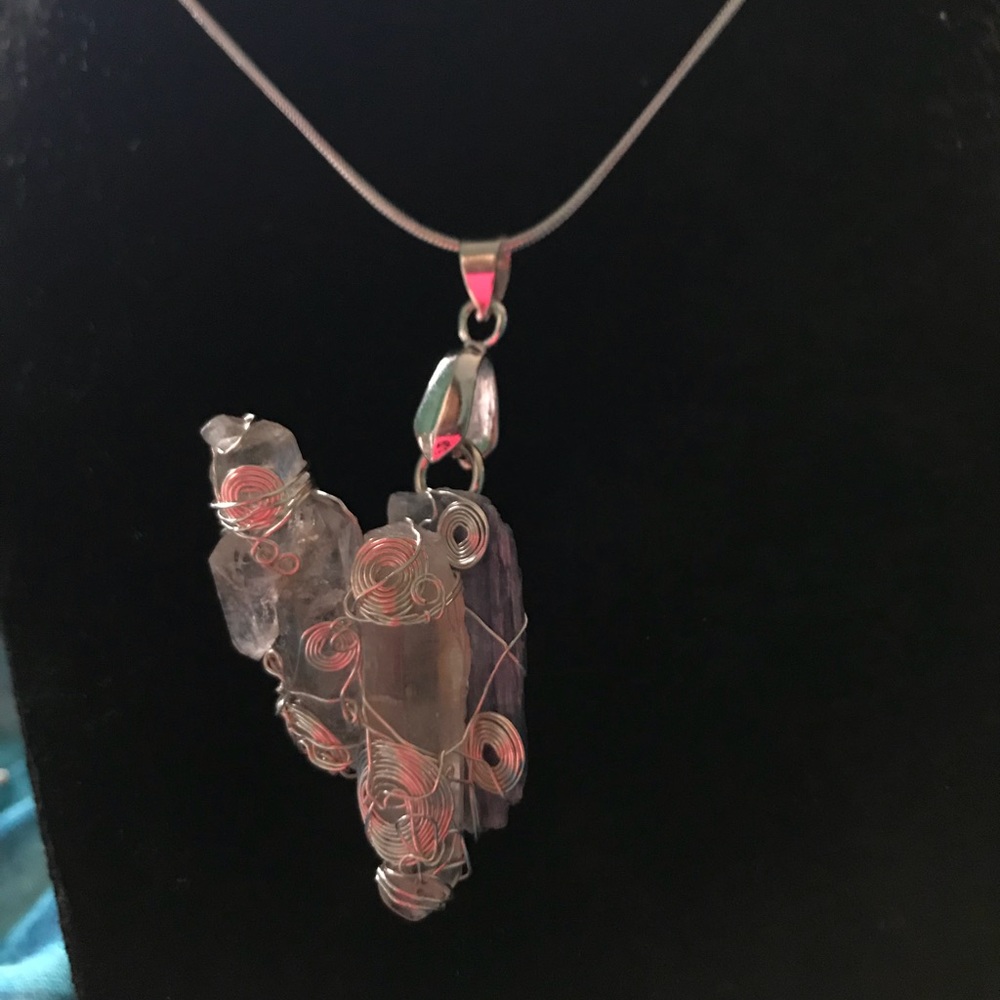 Quartz & kyanite crystal silver wire wrap necklace